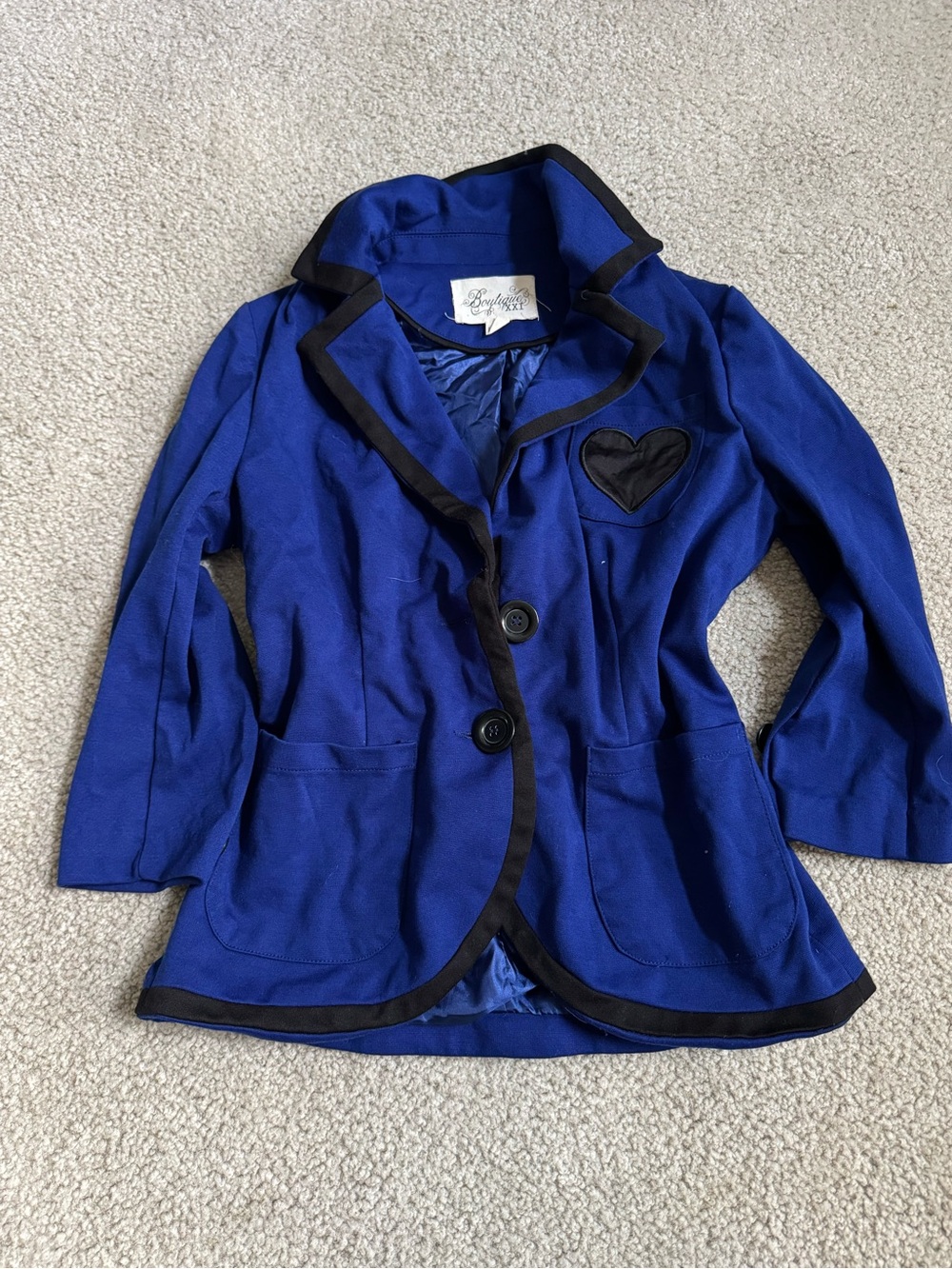 Vintage 2000s XXI Forever 21 Royal Blue Pea Coat with Black Trim and Heart Patch